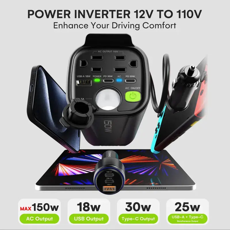 150W Car Power Inverter with AC Outlets USB and PD Fast Charging