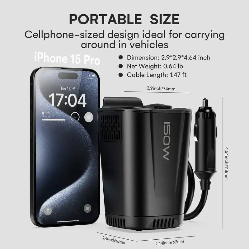150W Car Power Inverter with AC Outlets USB and PD Fast Charging