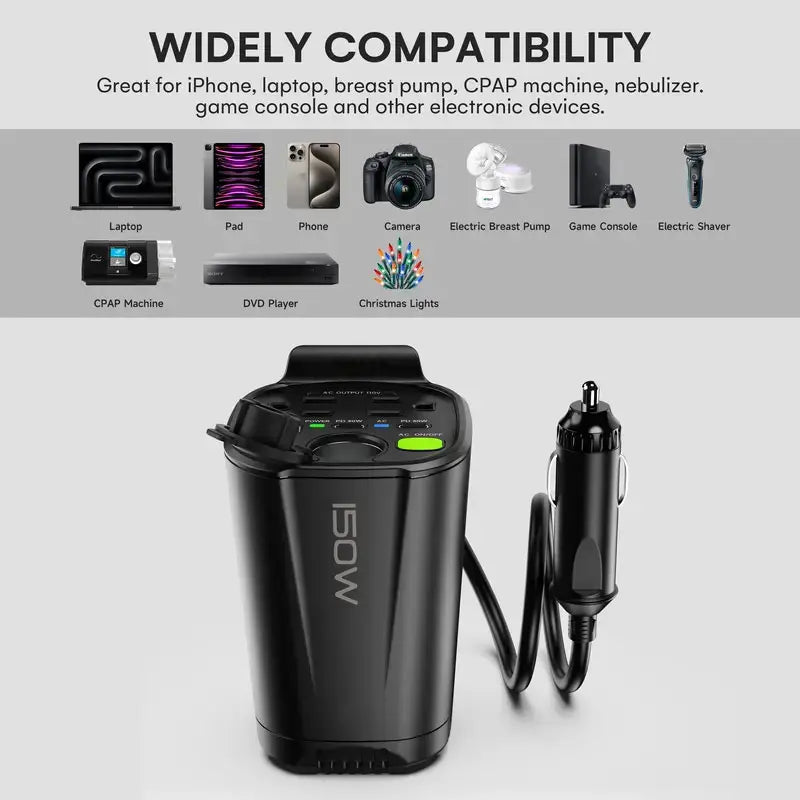 150W Car Power Inverter with AC Outlets USB and PD Fast Charging