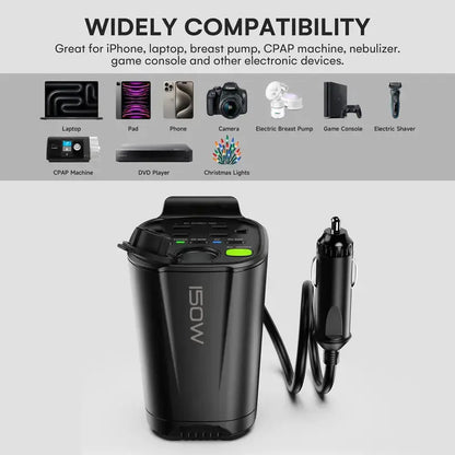 150W Car Power Inverter with AC Outlets USB and PD Fast Charging
