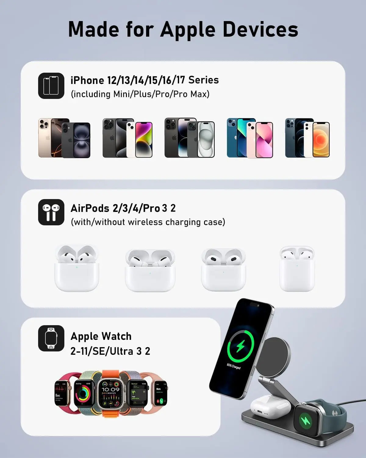 Foldable 3 In 1 Magnetic Wireless Charger with Fast Charging Stand
