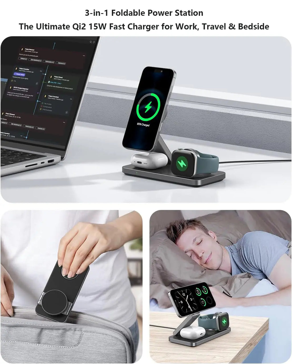 Foldable 3 In 1 Magnetic Wireless Charger with Fast Charging Stand