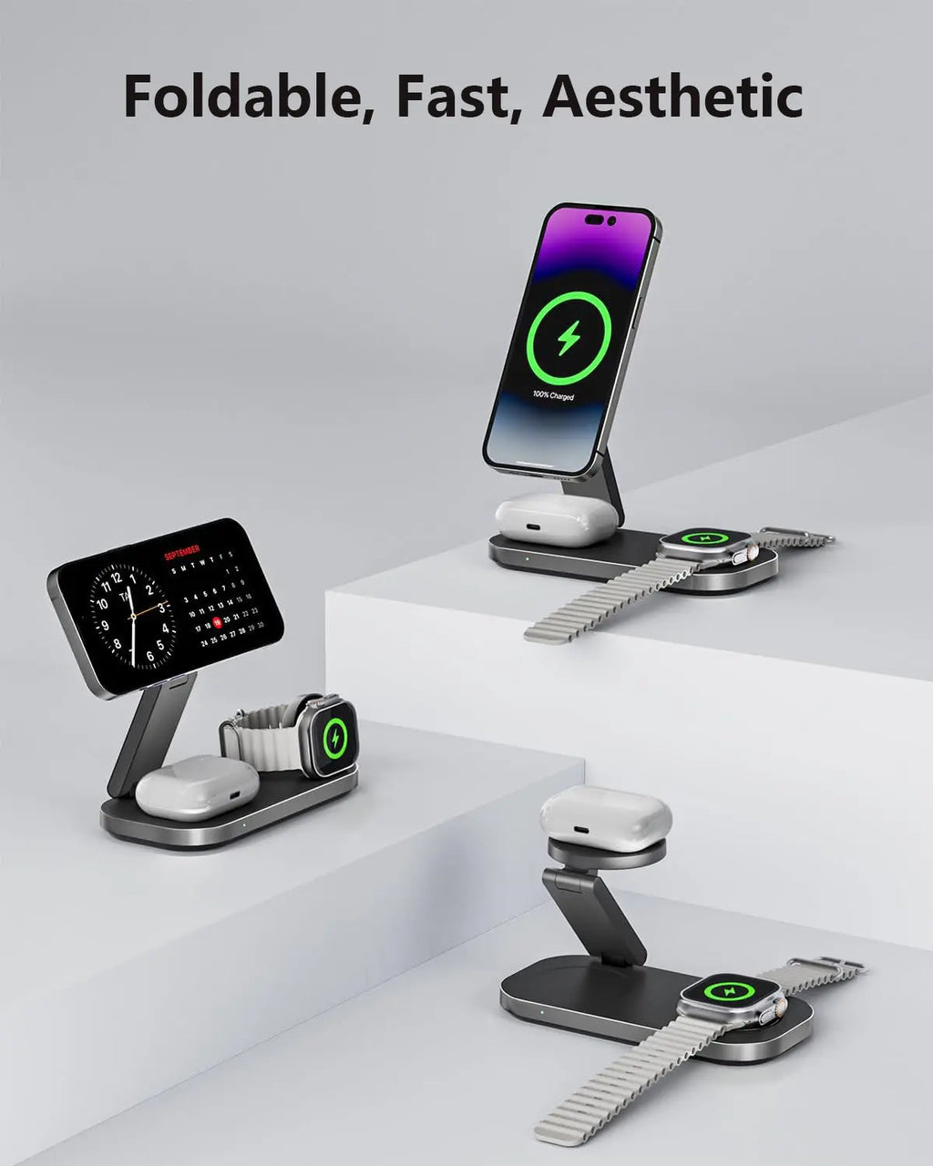 Foldable 3 In 1 Magnetic Wireless Charger with Fast Charging Stand