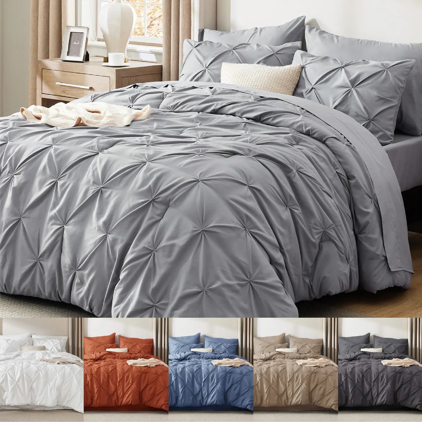 7 Piece King Size Pintuck Comforter Set Ultra Soft All Season Bedding