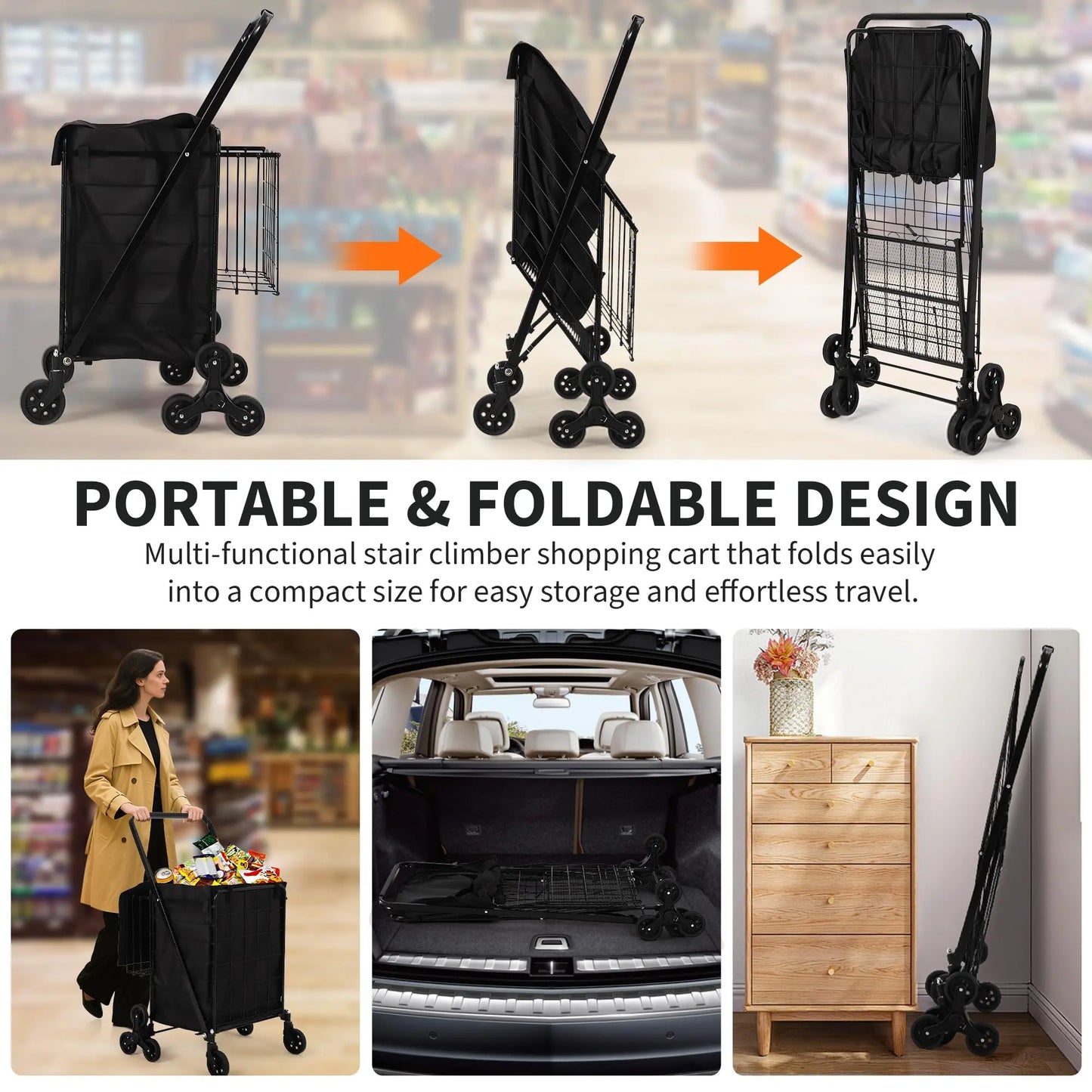 Heavy Duty Stair Climbing Utility Cart with 360° Tri Wheels Folding Shopping Cart