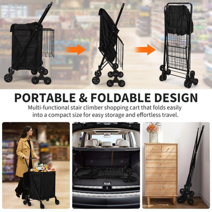 Heavy Duty Stair Climbing Utility Cart with 360° Tri Wheels Folding Shopping Cart