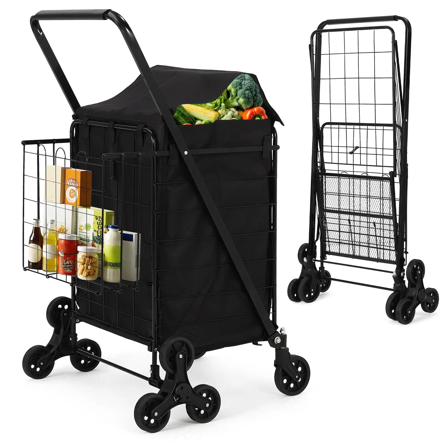 Heavy Duty Stair Climbing Utility Cart with 360° Tri Wheels Folding Shopping Cart