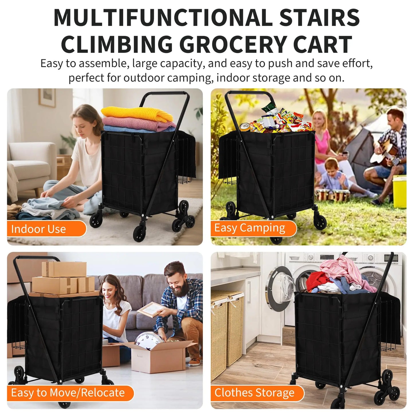 Heavy Duty Stair Climbing Utility Cart with 360° Tri Wheels Folding Shopping Cart