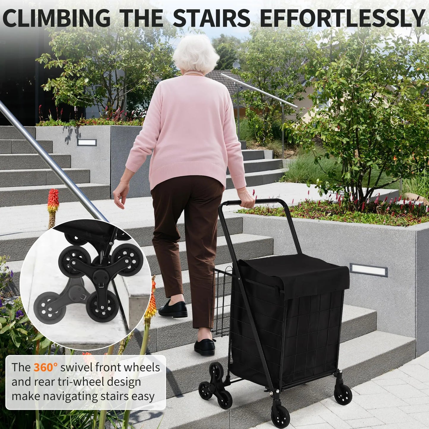 Heavy Duty Stair Climbing Utility Cart with 360° Tri Wheels Folding Shopping Cart