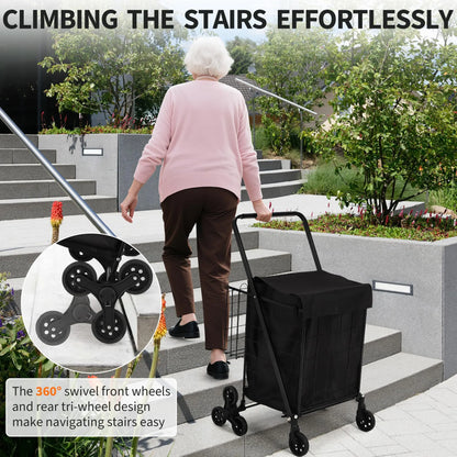 Heavy Duty Stair Climbing Utility Cart with 360° Tri Wheels Folding Shopping Cart