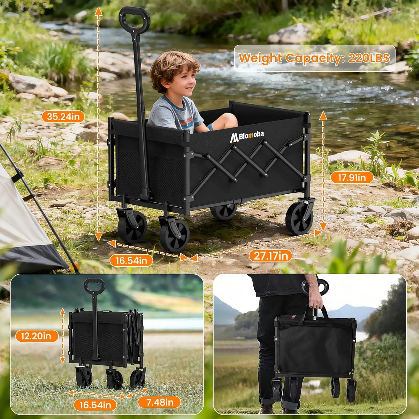 Heavy Duty Folding Utility Wagon Cart 220lbs Portable Shopping Trolley with Wheels