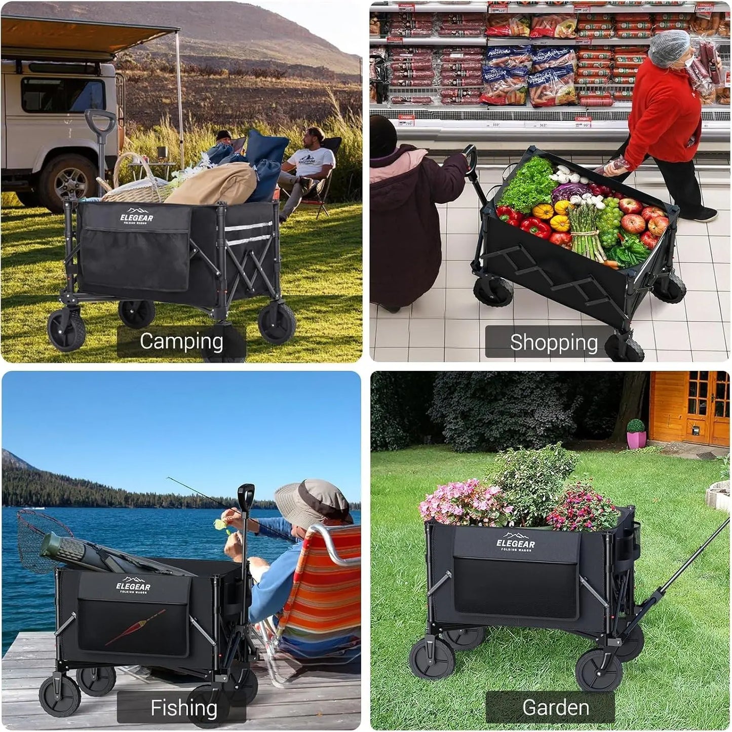 Heavy Duty Folding Wagon Cart 220lbs All Terrain Utility Cart with 360° Wheels
